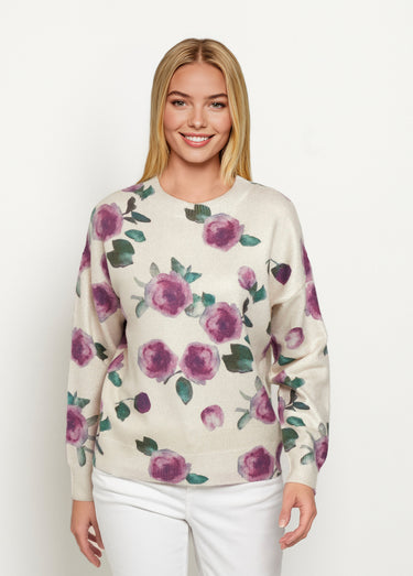Pull maille métallisée, motif fleuri Ecru Imprime