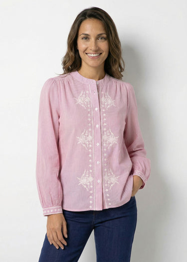 Chemisier rayé col rond et broderies Rouge