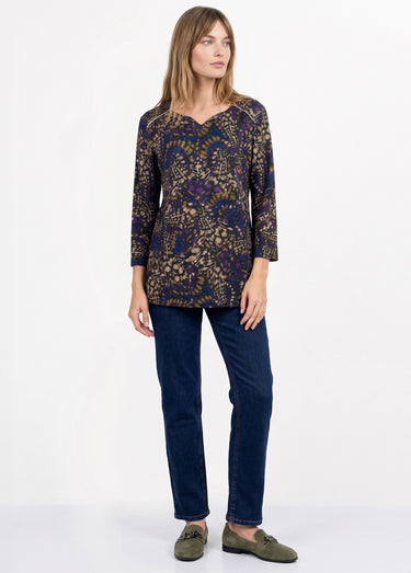 T-shirt long évasé manches 3/4 imprimé tachiste Violet/Beige