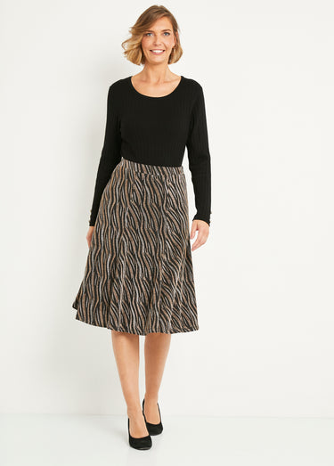 Jupe évasée mi longue maille brilante jacquard Noir/Cuivre