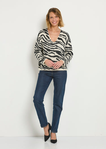 Pull col V maille mousseuse motif zèbre Noir / Blanc