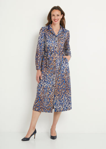Robe-chemisier mi longue imprimé léopard Marine/Camel