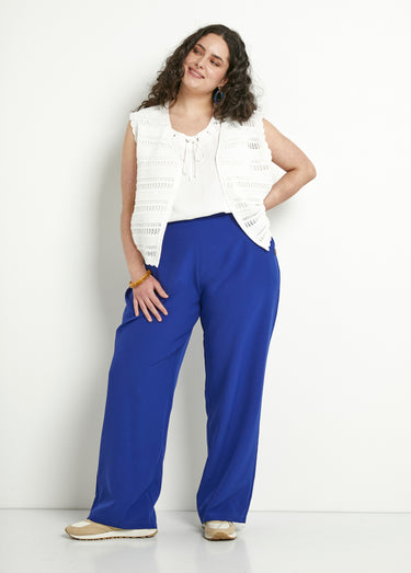 Pantalon large uni taille semi-élastiquée Bleu