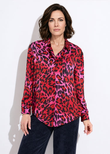 Chemisier boutonné satin manches longues Imprime Fuchsia