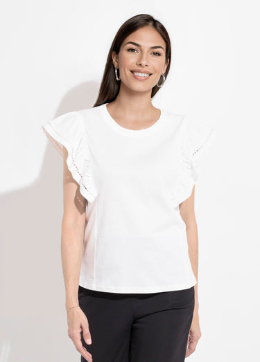 T-shirt manches courtes volantées ajourées Blanc