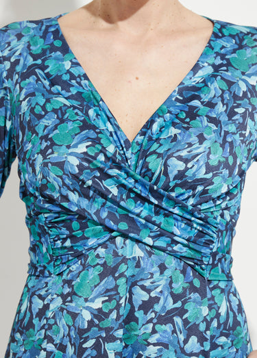 Robe courte cache-coeur maille fleurie Bleu/Vert