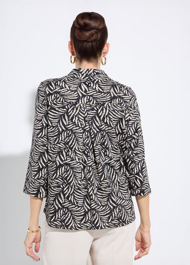 Chemisier fluide feuillage et col tailleur Noir/Ecru
