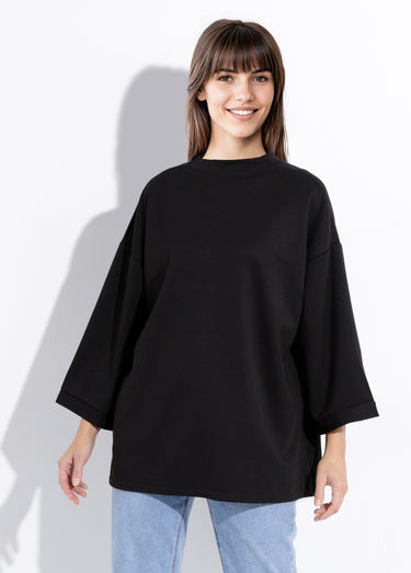 Sweat shirt large col rond, manches 3/4 Noir