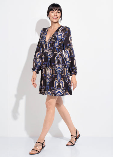 Robe courte col V imprimé cachemire Marine
