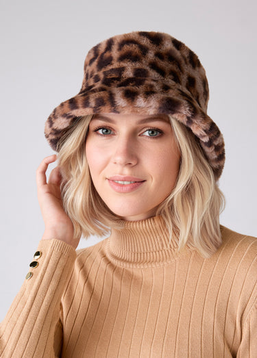 Chapeau seau bob fausse fourrure Imprime Marron