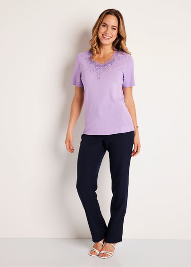 Pull fin brodé manches courtes Lilas
