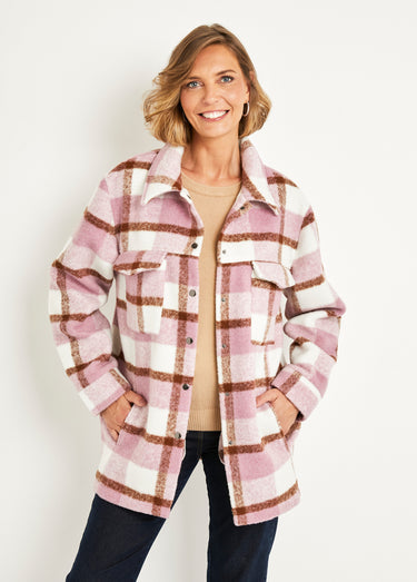 Veste surchemise chaude carreaux Camel/Lilas