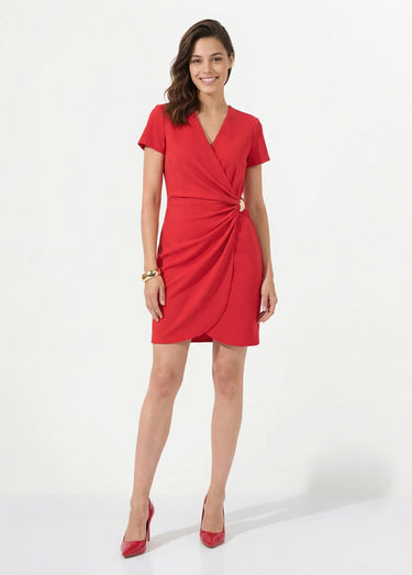 Robe drapée maille crêpe détail bijou Rouge