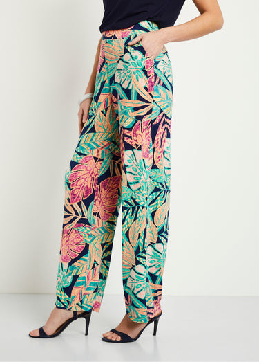 Pantalon large ceinture élastiquée feuillage Vert/Rose