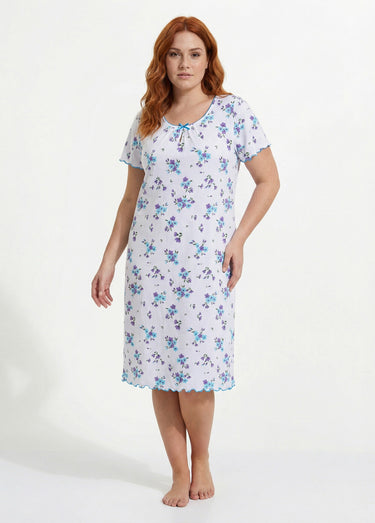 Chemise de nuit coton manches courtes Turquoise/Parme