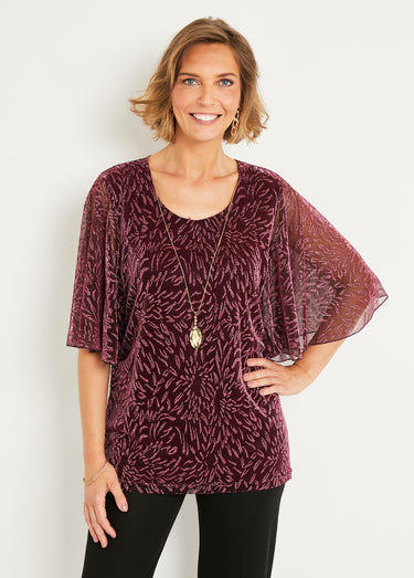T-shirt top long maille résille imprimée col rond Rose