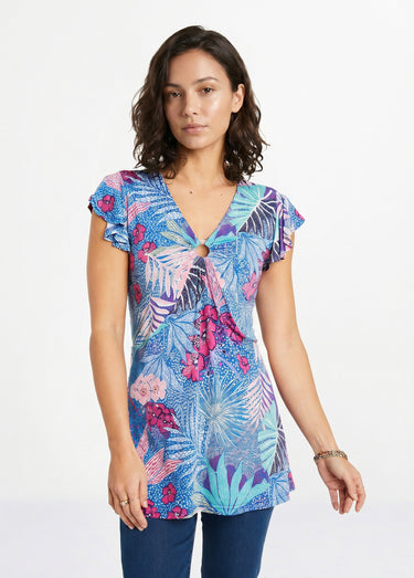 T-shirt long évasé col V drapé Bleu/Fuchsia