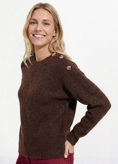 Pull col rond, boutons bijou en métal Chocolat