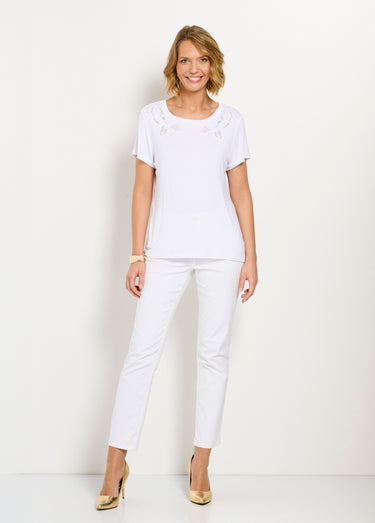 T-shirt coton brodé ajouré col rond Blanc