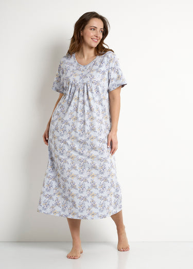 Chemise de nuit longue coton manches courtes Bleu
