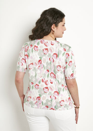 Pull doux manches courtes col rond Vert/Coquelicot