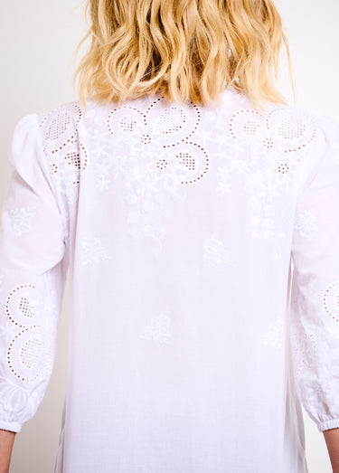 Chemisier long coton brodé manches 3/4 Blanc