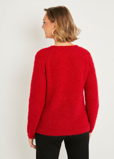 Pull doux maille poilue col rond perlé ajouré Rouge