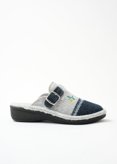 Chaussons mules brodés largeur confort Gris/Marine