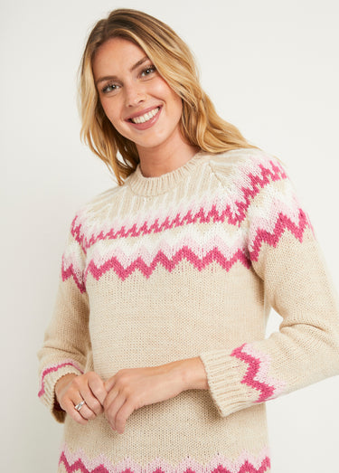 Pull doux  jacquard raglan col rond Beige Rose
