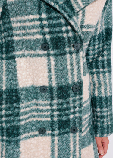 Caban carreaux long façon laine bouclée Vert / Écru
