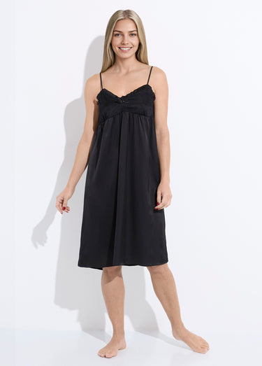 Nuisette longue en satin et dentelle Noir