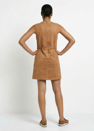 Robe chasuble suédine rebrodée col rond Camel