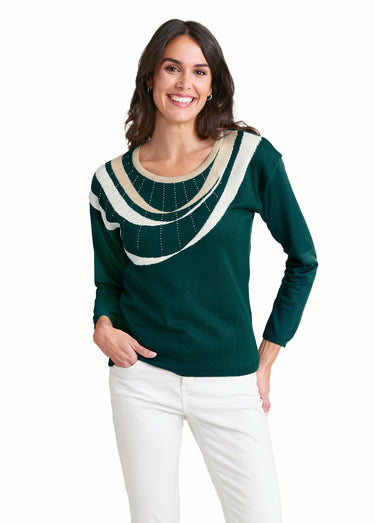 Pull court jacquard strassé col rond Vert/Beige