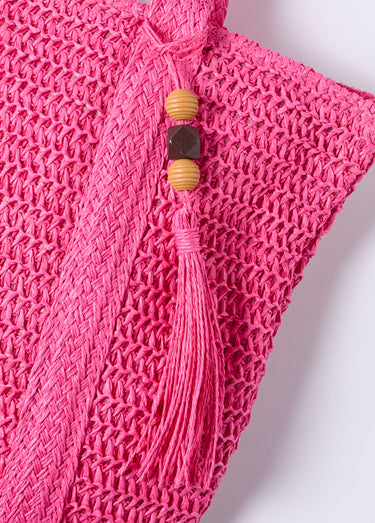 Grand sac en paille avec pompon perles Fuchsia