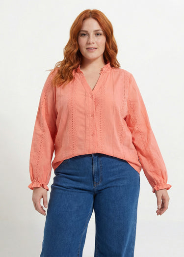 Chemisier broderie anglaise et col V Corail