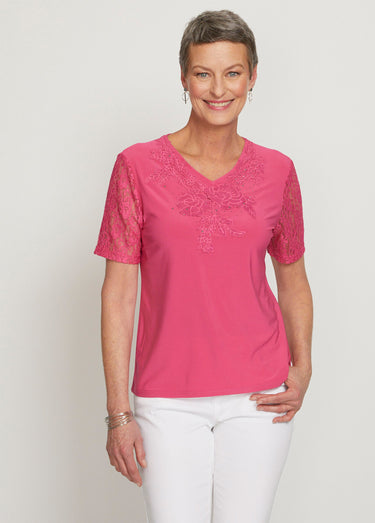 Tee-shirt manches courtes dentelle Fuchsia