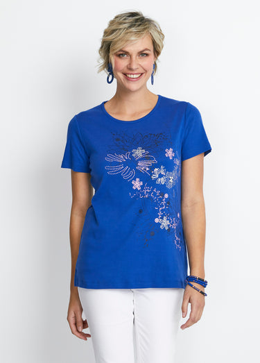 T-shirt long motif fleuri fentes côtés Bleu
