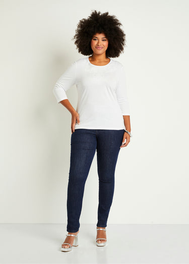 T-shirt court brodé manches 3/4 Blanc