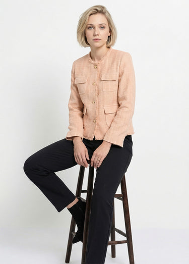 Veste tweed boutonnée frangée sans col Amande