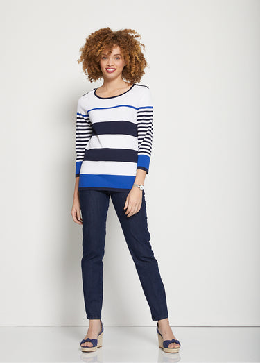 Pull manches 3/4 rayé Marine/Bleu