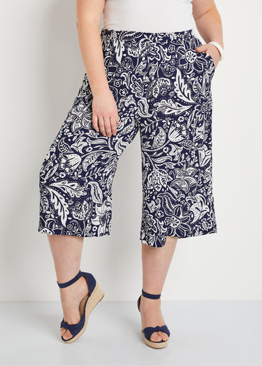 Jupe-culotte taille élastiquée tissu gaufré Bleu / Blanc