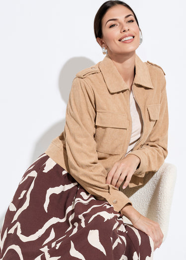 Blouson zippé court velours grosses cotes Beige