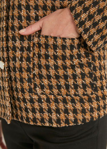 Veste boutonnée courte jacquard pied de coq Camel/Noir