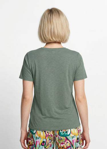 T-shirt coton maille flammée dentelle Kaki