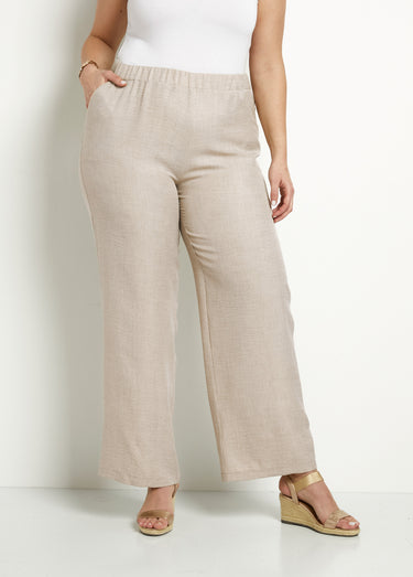 Pantalon large taille élastiquée aspect lin Beige