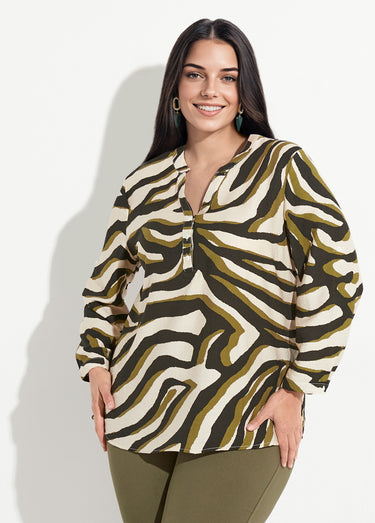 Blouse col V boutonné motif abstrait Vert / Écru