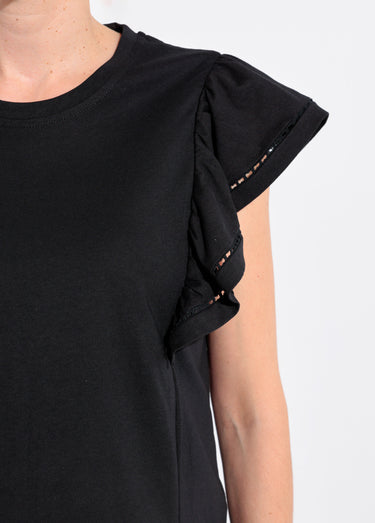 T-shirt manches courtes volantées ajourées Noir