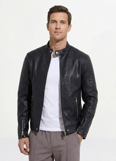 Blouson motard simili cuir détails zippés Noir