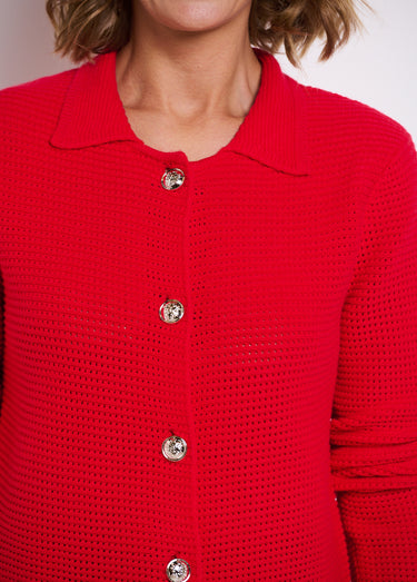 Gilet boutonné uni avec col manches longues Rouge