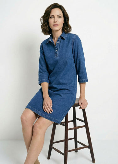 Robe droite en denim avec col chemise Bleu denim